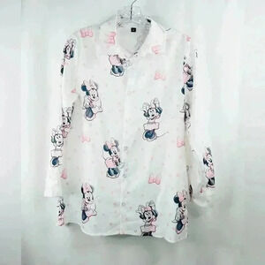 Minnie Mouse Women’s Long Sleeve White Pink Polka Dots Polyester Blouse Size M
